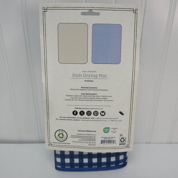 Pioneer Woman Gingham Checkered Reversible Dish Drying Mat, 18" x 24" Blue Beige - Picture 5 of 7